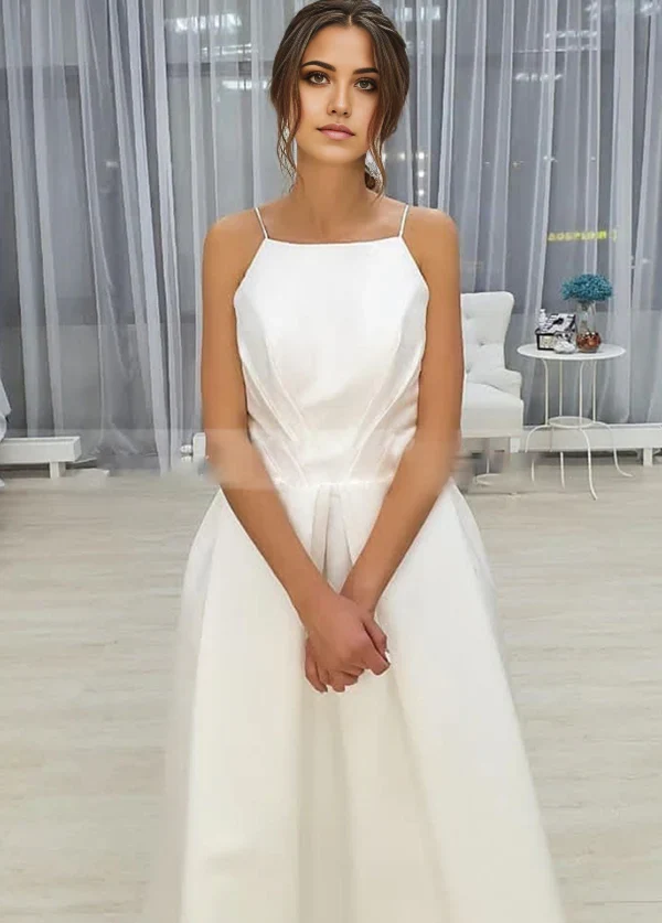 A-Line Sleeveless Spaghetti-Straps Simple Open Back Tea Length Wedding Dress with Pockets - Image 3