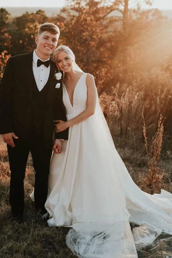 A-line Simple Elegant V Neck Ivory Satin Wedding Dresses - Image 3