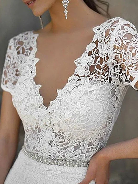 Simple Wedding Dress Mermaid Lace V Neck Short Sleeves Beaded Sash Bridal Dresses With Train - Image 3