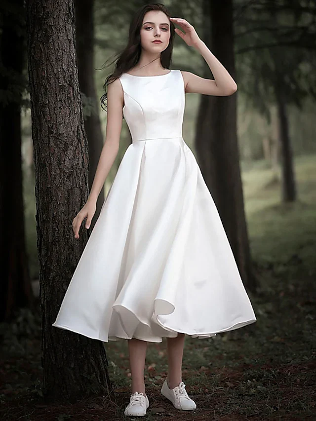 Elegant A-Line Jewel Neck Cap Sleeve Simple Casual White Tea Length Wedding Dress - Image 3