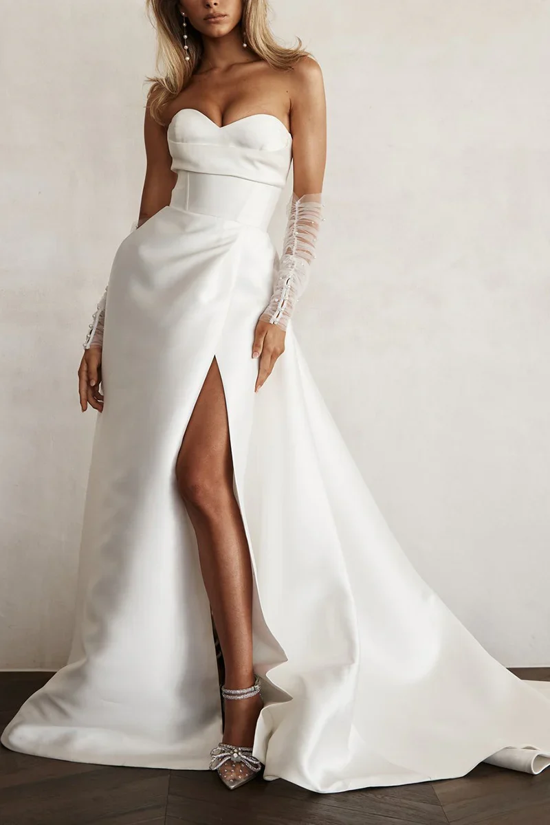 A Line Simple Sweetheart Sleeves Satin Pleated Wedding Dress - Image 4