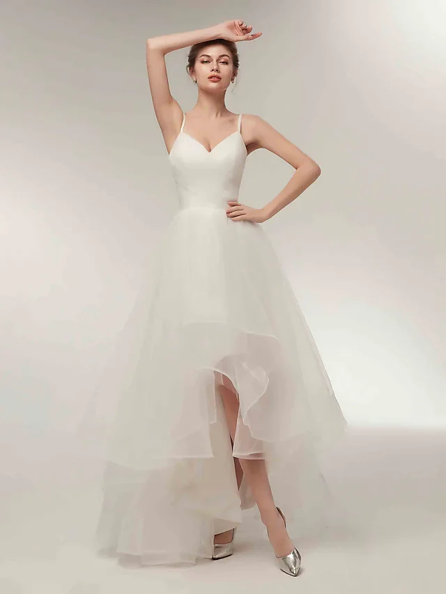 Simple A-Line V-Neck Tulle Spaghetti Strap Asymmetrical White Wedding Dress - Image 4