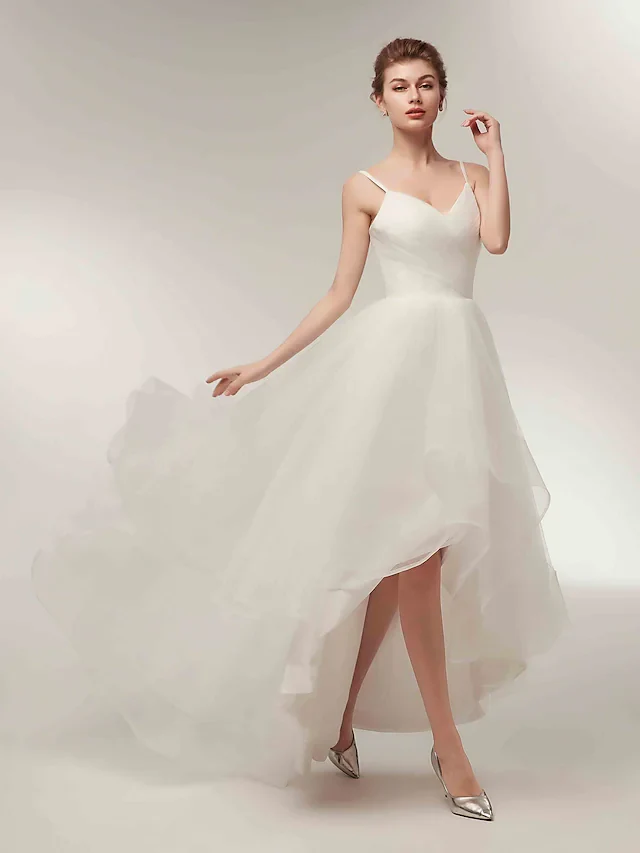 Simple A-Line V-Neck Tulle Spaghetti Strap Asymmetrical White Wedding Dress - Image 5