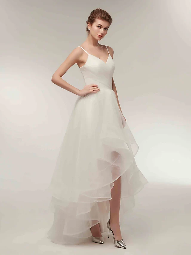 Simple A-Line V-Neck Tulle Spaghetti Strap Asymmetrical White Wedding Dress - Image 9