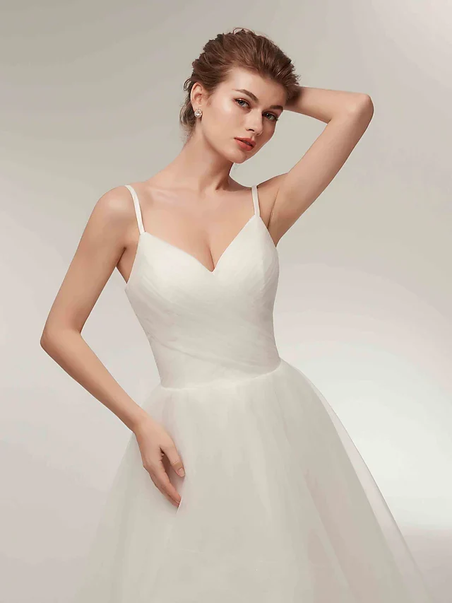 Simple A-Line V-Neck Tulle Spaghetti Strap Asymmetrical White Wedding Dress - Image 7