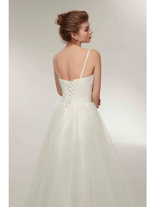 Simple A-Line V-Neck Tulle Spaghetti Strap Asymmetrical White Wedding Dress - Image 3