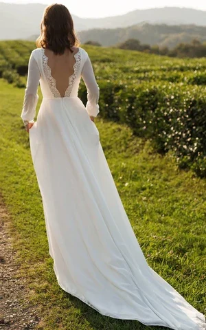 A-Line Simple Casual Chiffon Bateau V-Back Long Sleeve Floor Length Train Wedding Dress - Image 3