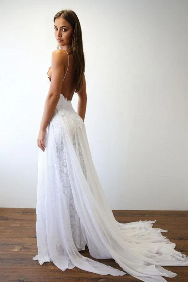 Beach A-line Spaghetti Straps White Long Wedding Dress - Image 3