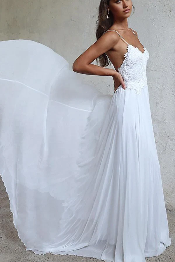 A-line Elegant Straps White Long Chiffon Beach Wedding Dress - Image 3