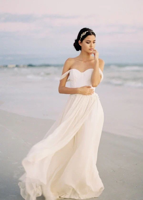 A-line Off-the-Shoulder Backless Beach Chiffon Wedding Dress with Lace Bodice - Image 4
