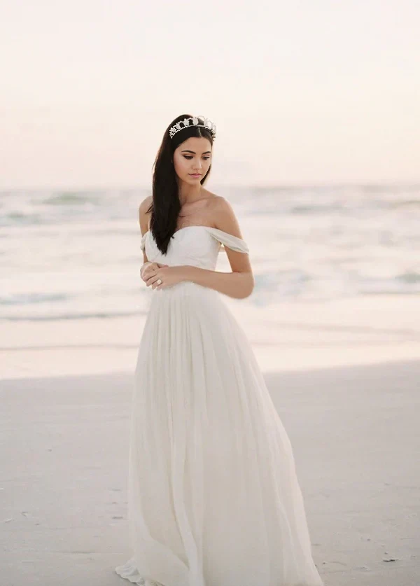 A-line Off-the-Shoulder Backless Beach Chiffon Wedding Dress with Lace Bodice - Image 3