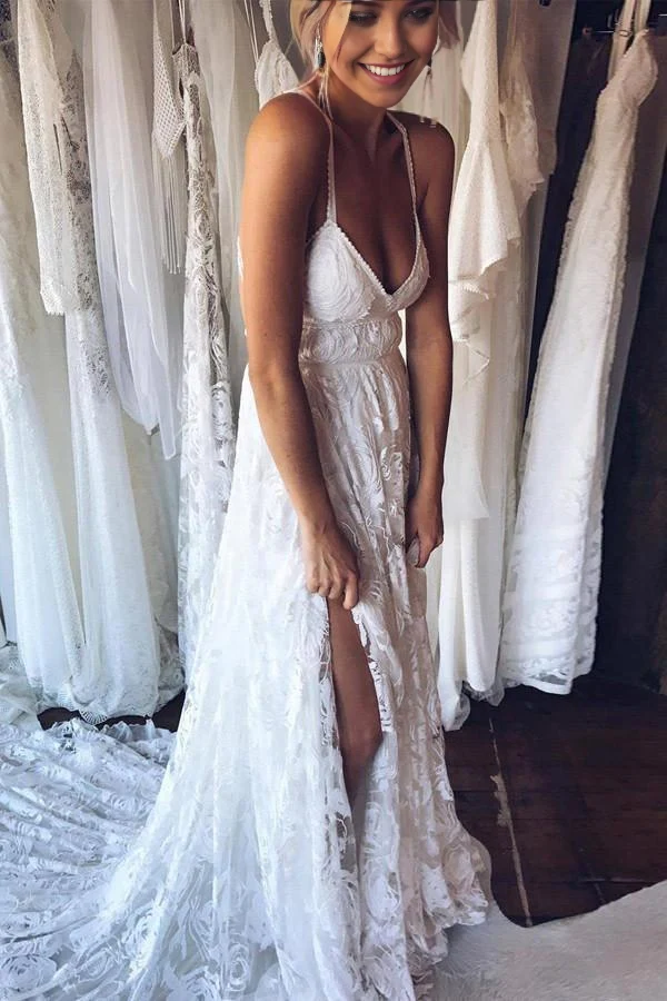 A-Line Beach Straps Backless Court Train Lace Wedding Dress - Image 4