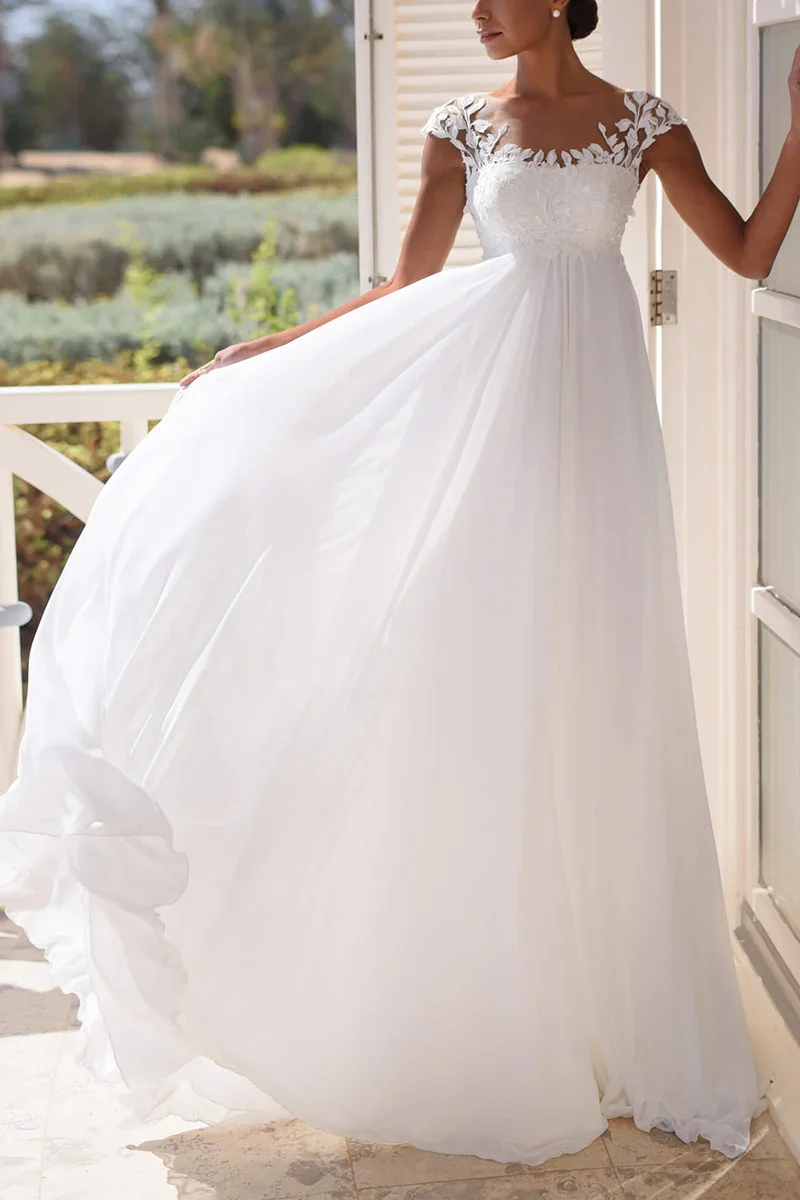 A-Line Beach Wedding Dress with Short Sleeves and Lace Appliques - Image 4