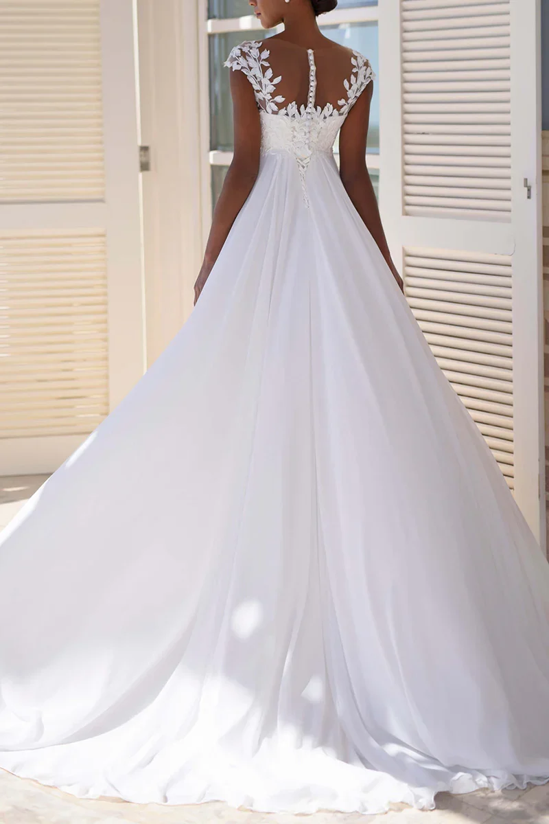 A-Line Beach Wedding Dress with Short Sleeves and Lace Appliques - Image 3