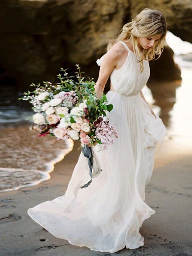 Boho A-Line Halter Open Back Beach Wedding Dress with Court Train - Image 3