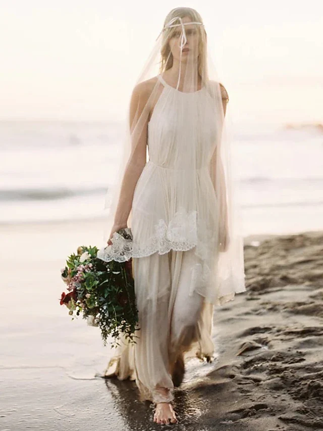 Boho A-Line Halter Open Back Beach Wedding Dress with Court Train