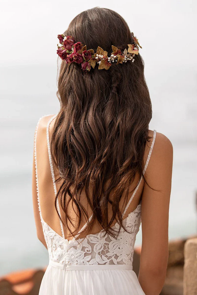 Boho Beach A-Line Wedding Dress with V-Neck, Lace Appliques & Side Slit - Image 3