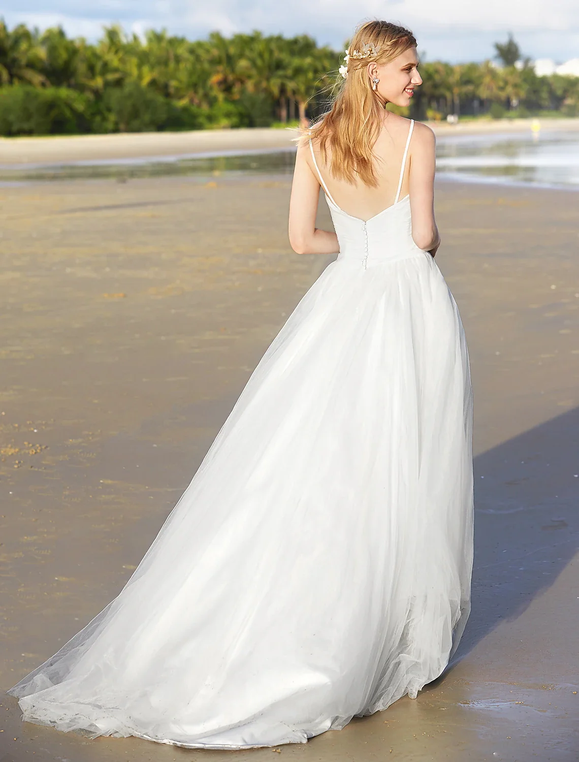 A-Line Chiffon Beach Wedding Dress with Spaghetti Straps - Image 7
