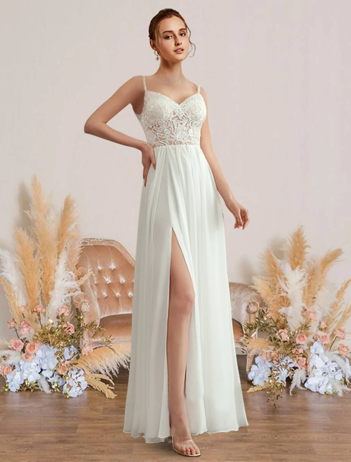 A-Line Chiffon Beach Wedding Dress with Sweetheart V-Neck Spaghetti Straps