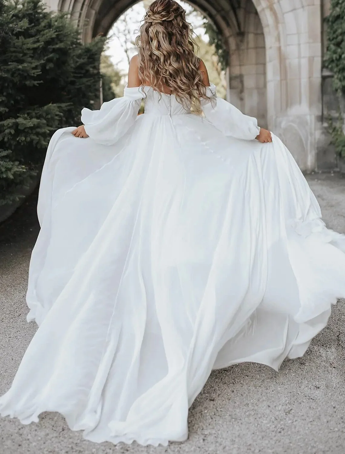 Elegant A-Line Off Shoulder Long Sleeve Chiffon Beach Wedding Dress with Split - Image 3