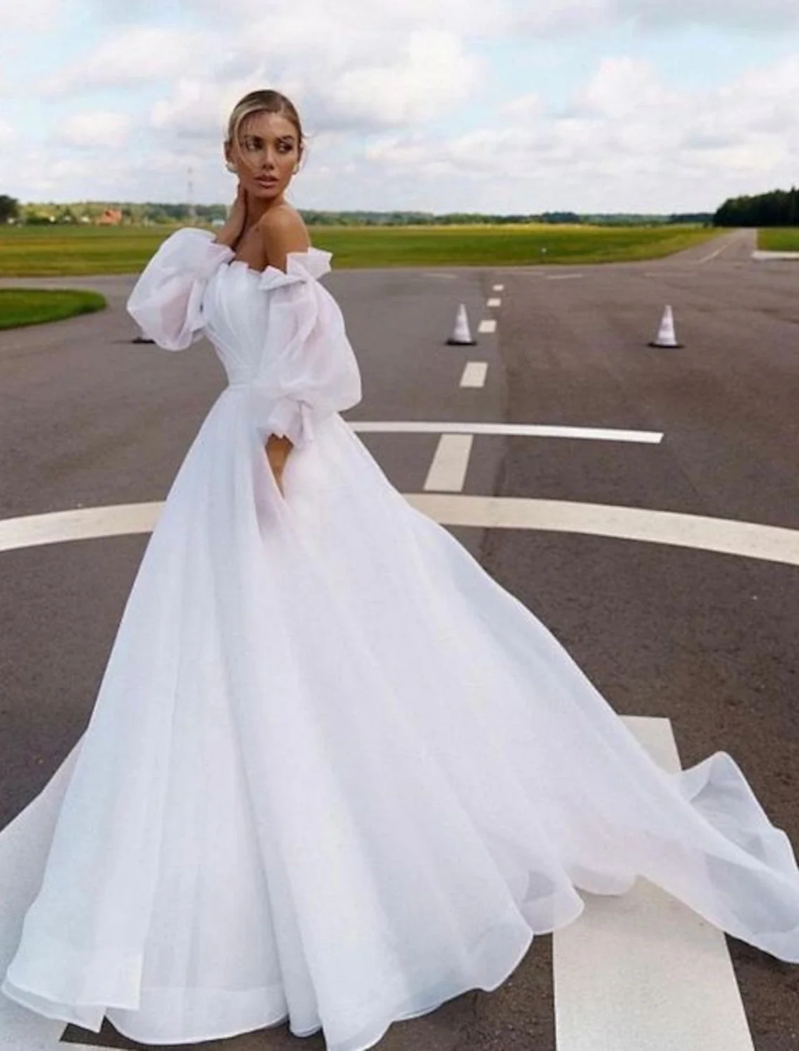 Elegant A-Line Off Shoulder Long Sleeve Organza Beach Wedding Dress