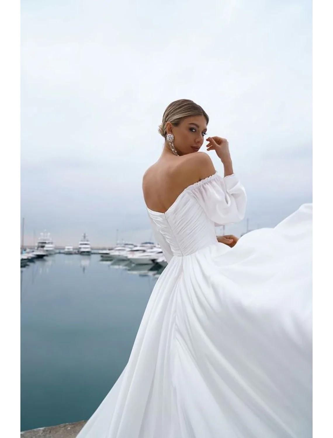 Elegant A-Line Off-Shoulder Long Sleeve Ruched Chiffon Beach Wedding Dress - Image 3