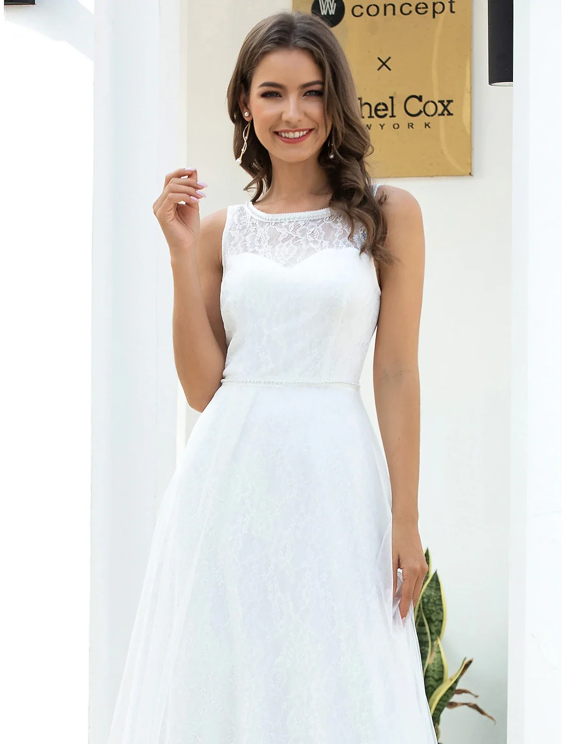 A-Line Scoop Neck Lace Floor Length Beach Wedding Gown - Image 4