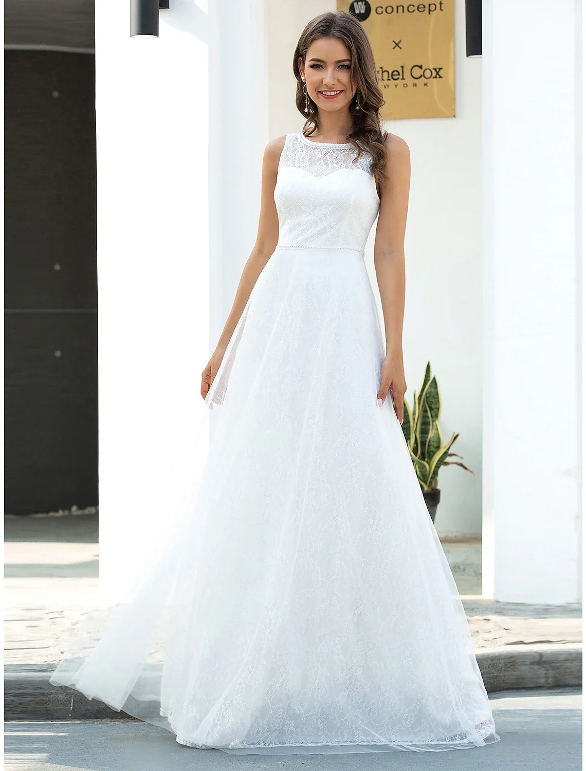 A-Line Scoop Neck Lace Floor Length Beach Wedding Gown - Image 3