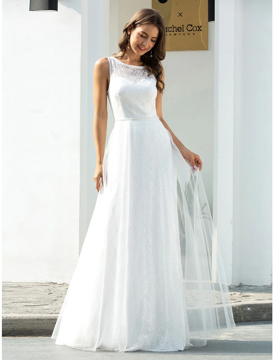 A-Line Scoop Neck Lace Floor Length Beach Wedding Gown