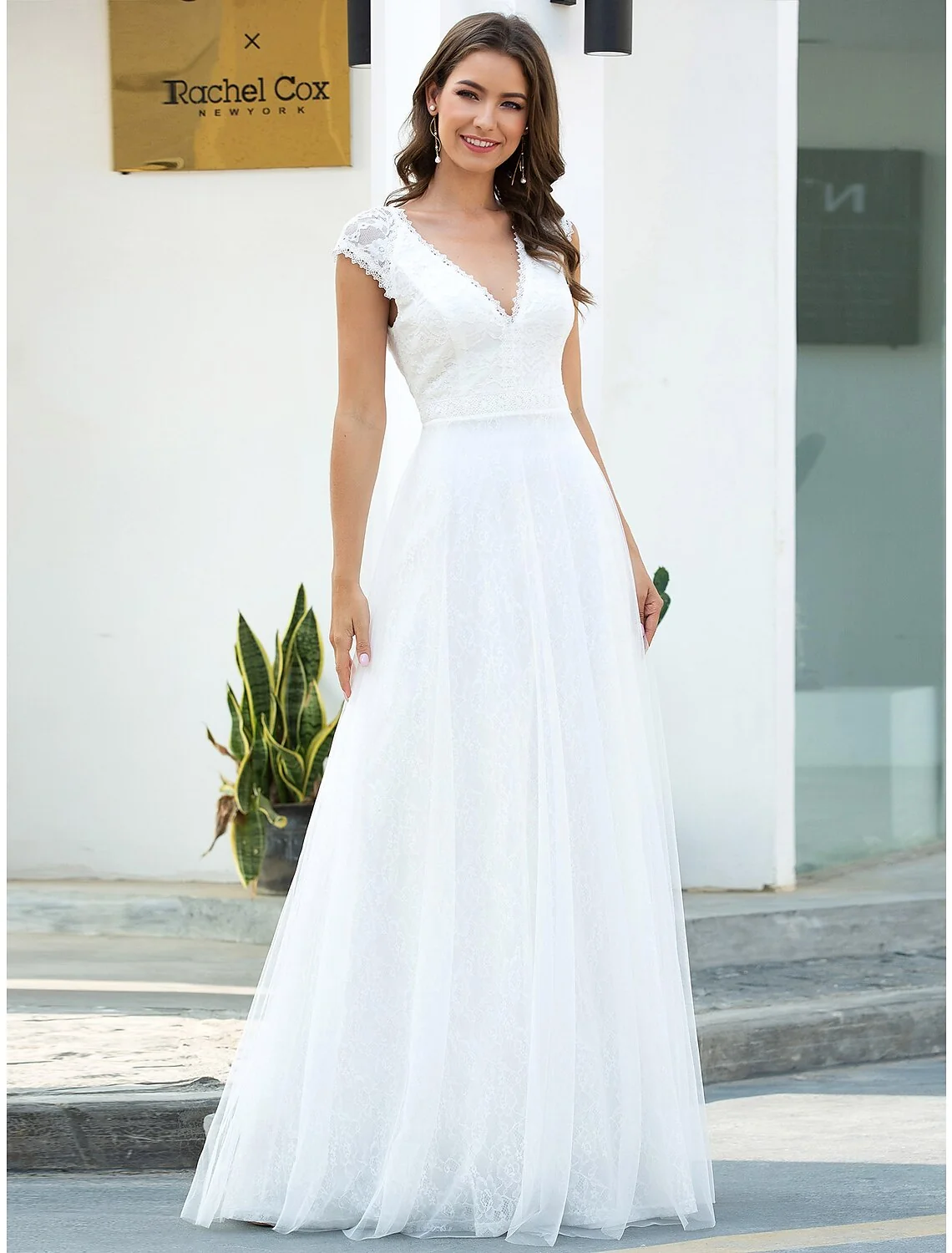 A-Line V-Neck Cap Sleeve Lace Floor Length Beach Wedding Dress - Image 4