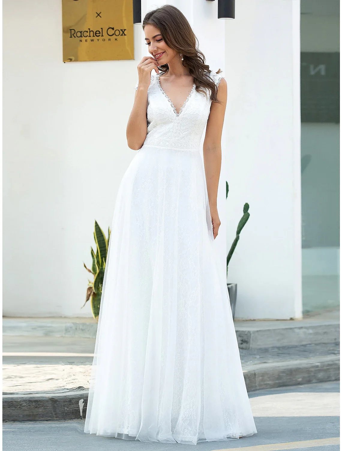 A-Line V-Neck Cap Sleeve Lace Floor Length Beach Wedding Dress - Image 3