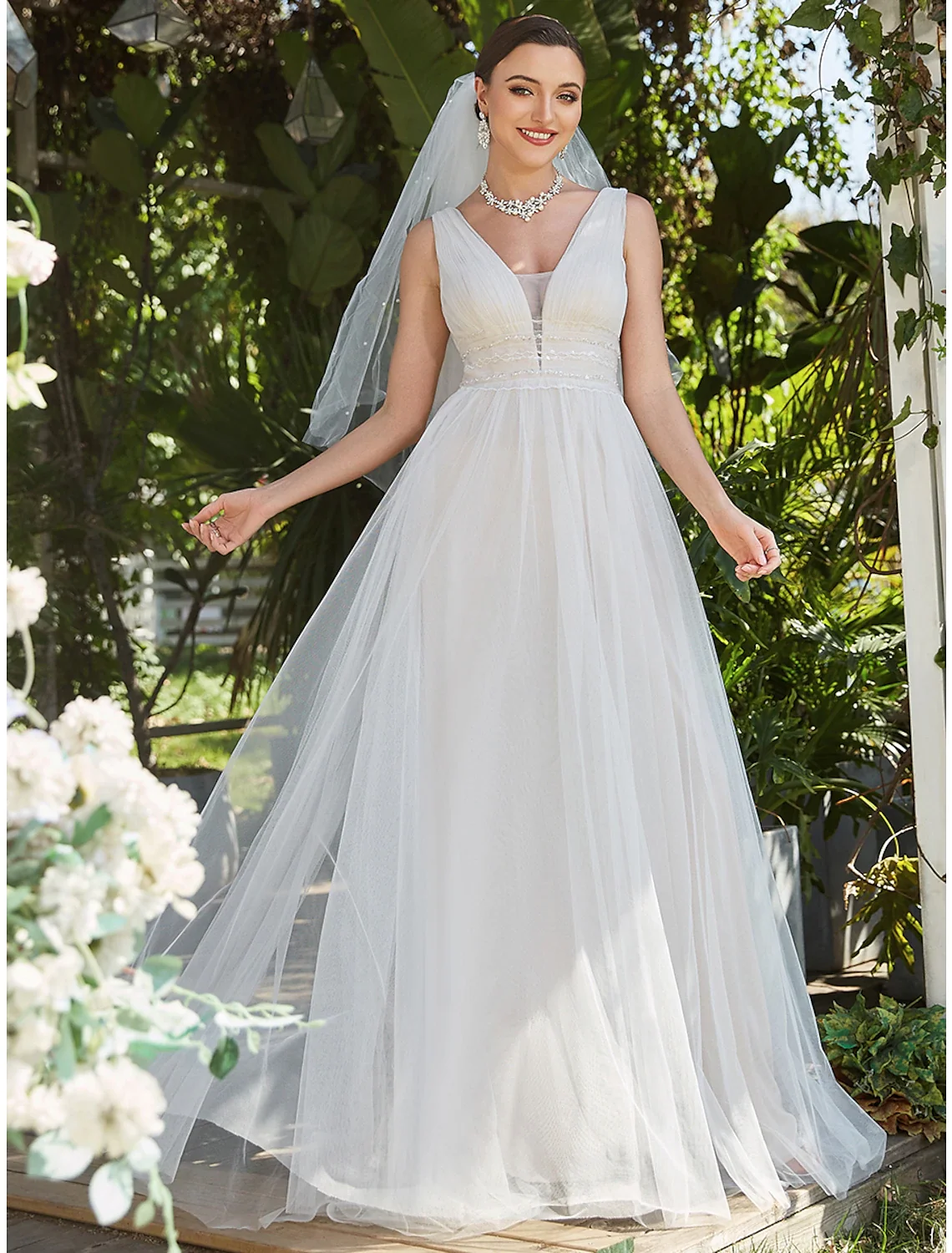 Elegant A-Line V-Neck Lace Tulle Beach Casual Wedding Dress