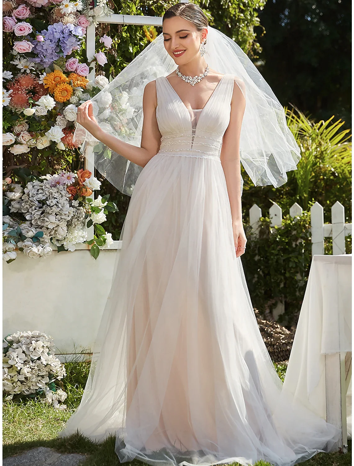 Elegant A-Line V-Neck Lace Tulle Beach Casual Wedding Dress - Image 3