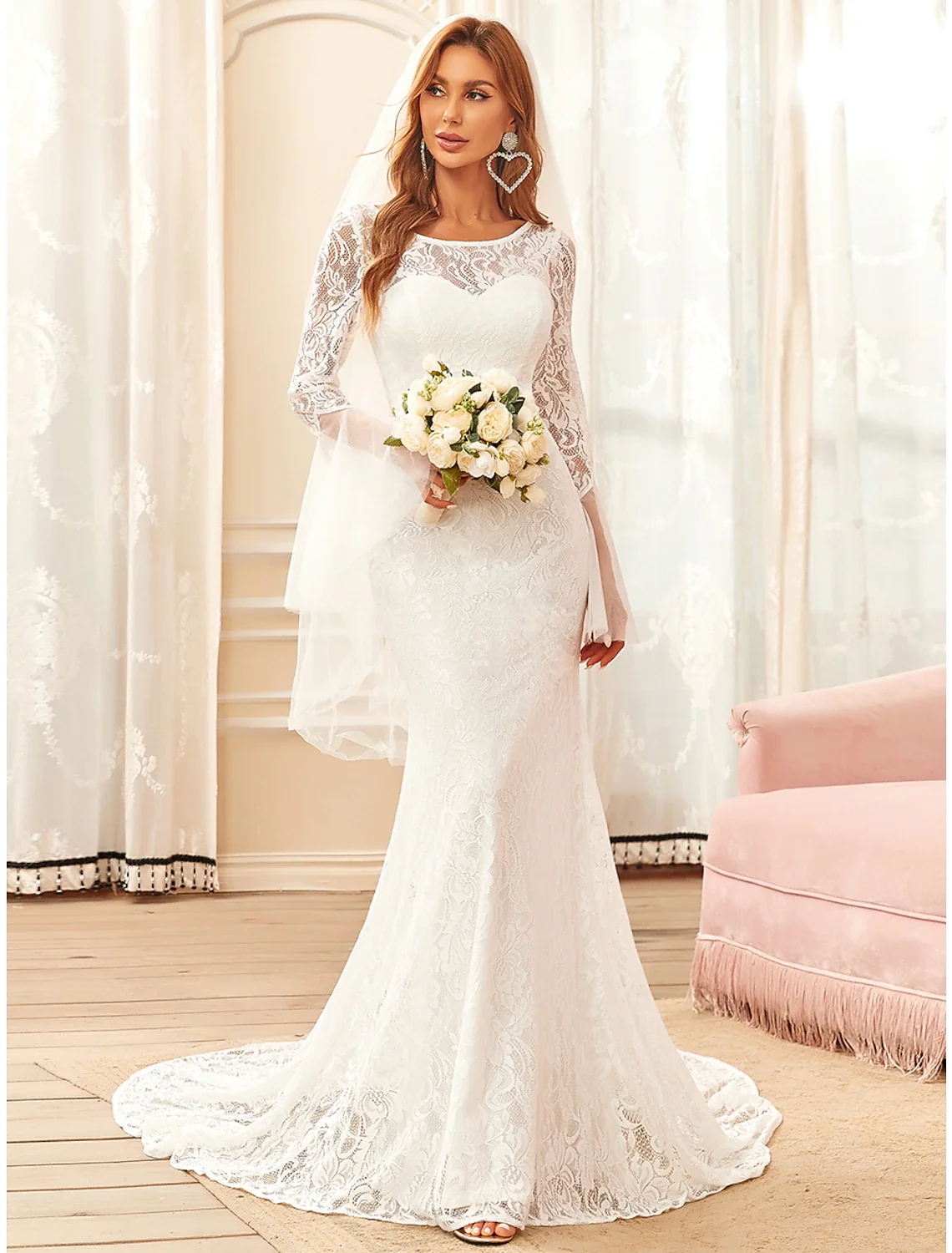 Elegant Lace Mermaid Wedding Dress Long Sleeve Illusion Neck Boho Beach Gown - Image 4
