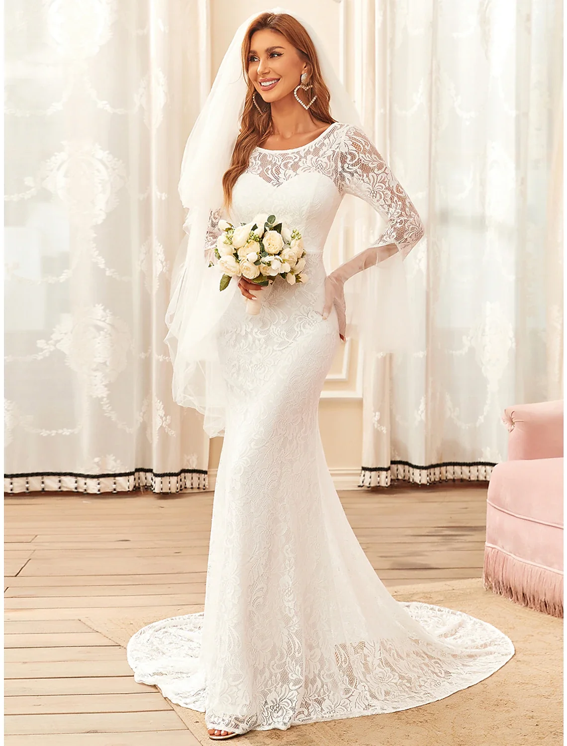 Elegant Lace Mermaid Wedding Dress Long Sleeve Illusion Neck Boho Beach Gown - Image 3