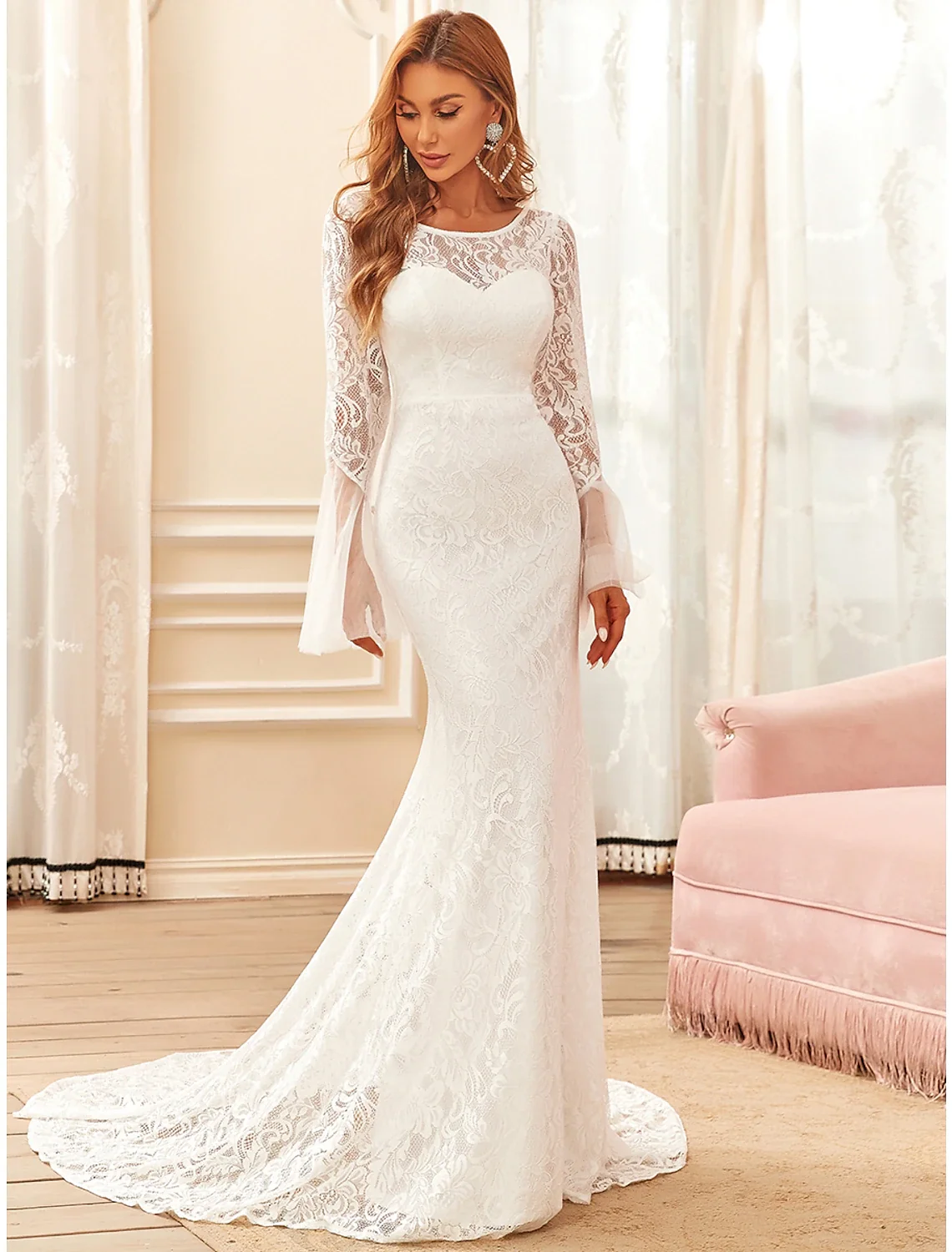 Elegant Lace Mermaid Wedding Dress Long Sleeve Illusion Neck Boho Beach Gown