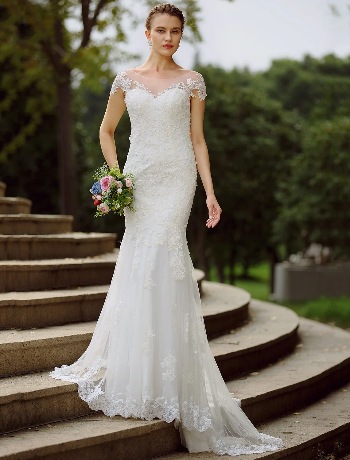 Mermaid Trumpet Beach Wedding Dress with Illusion Neck Short Sleeves - Image 8