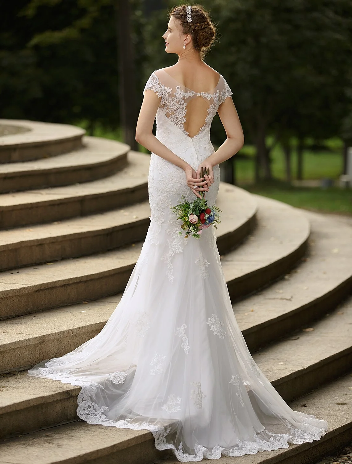 Mermaid Trumpet Beach Wedding Dress with Illusion Neck Short Sleeves - Image 7