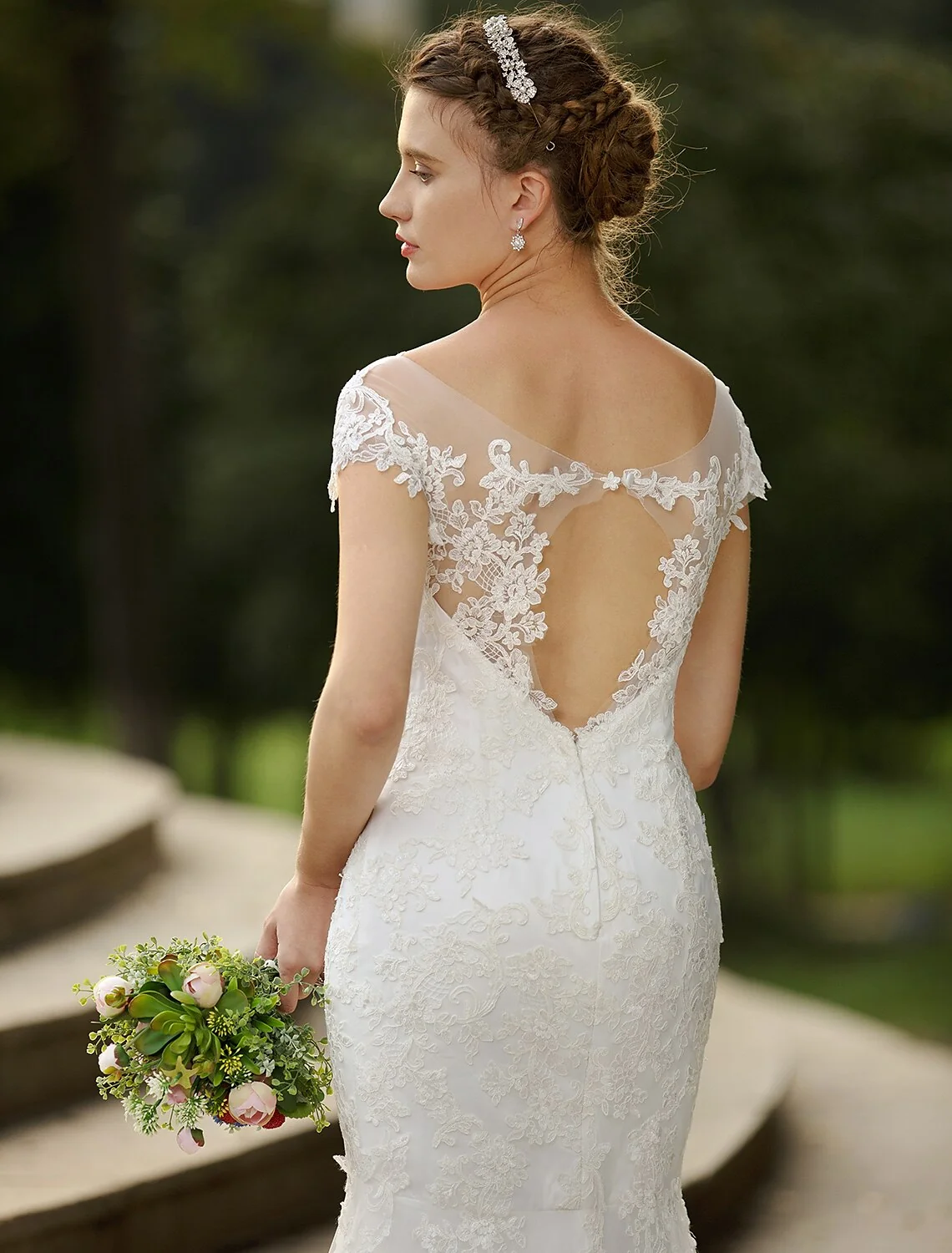 Mermaid Trumpet Beach Wedding Dress with Illusion Neck Short Sleeves - Image 6