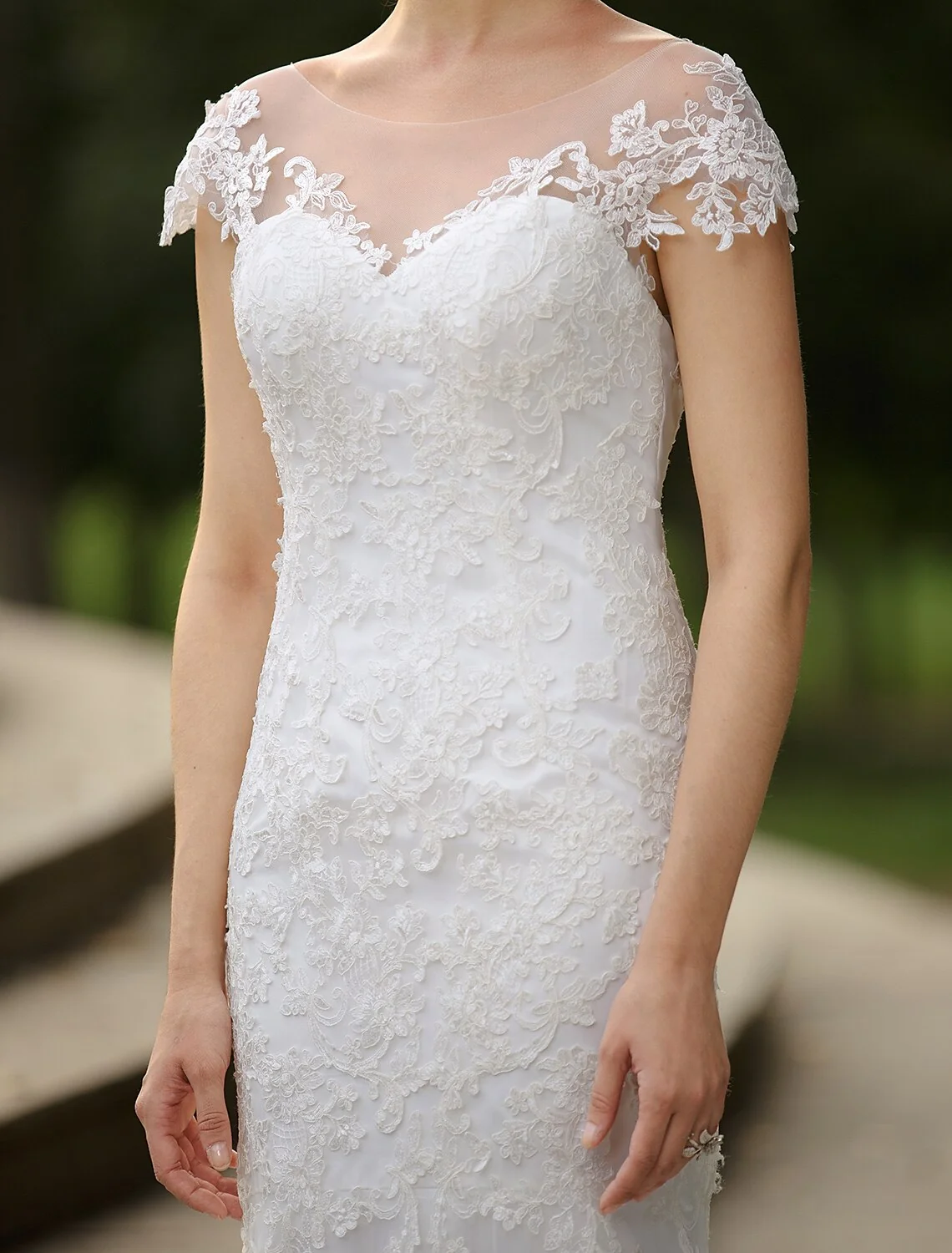Mermaid Trumpet Beach Wedding Dress with Illusion Neck Short Sleeves - Image 5