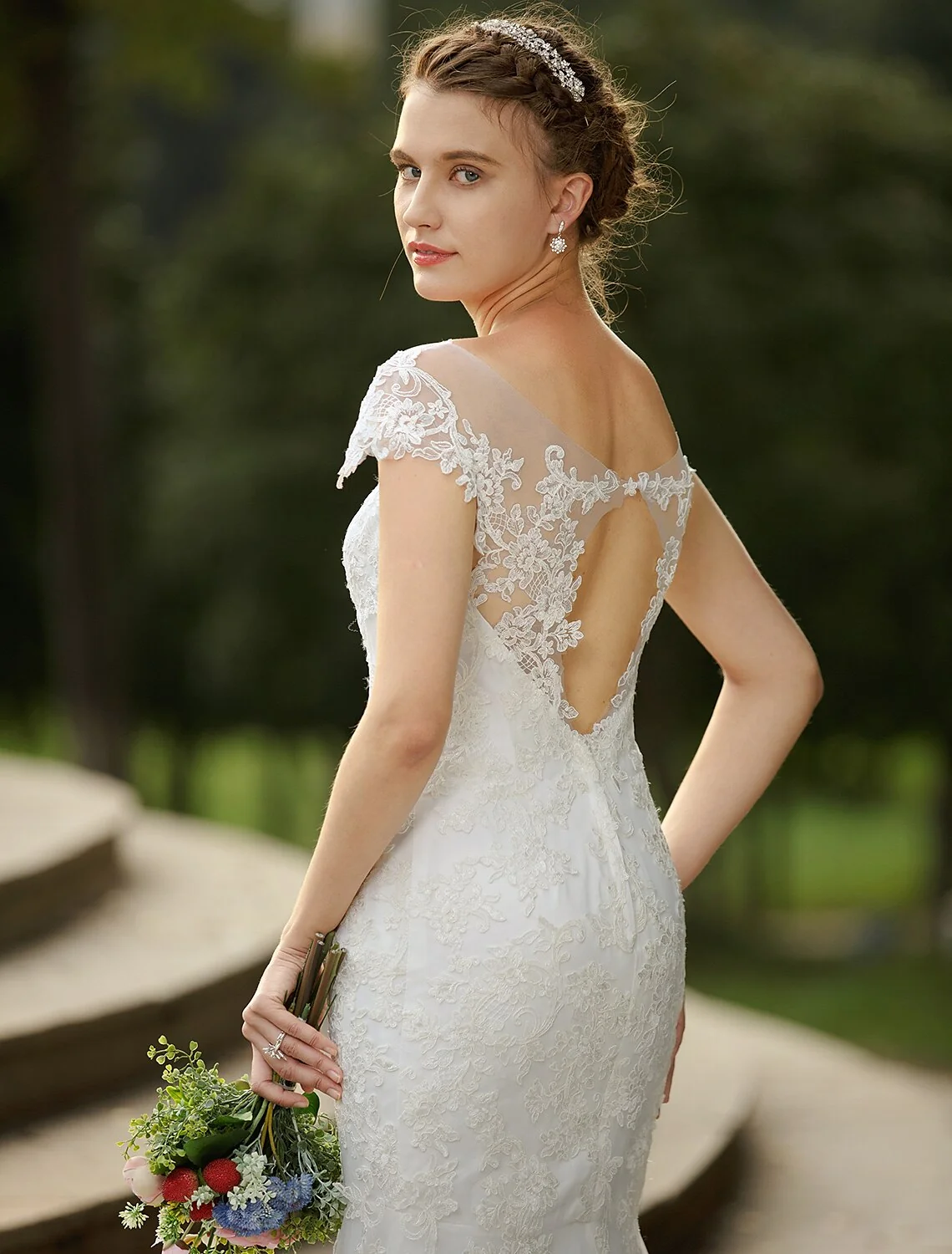 Mermaid Trumpet Beach Wedding Dress with Illusion Neck Short Sleeves - Image 4