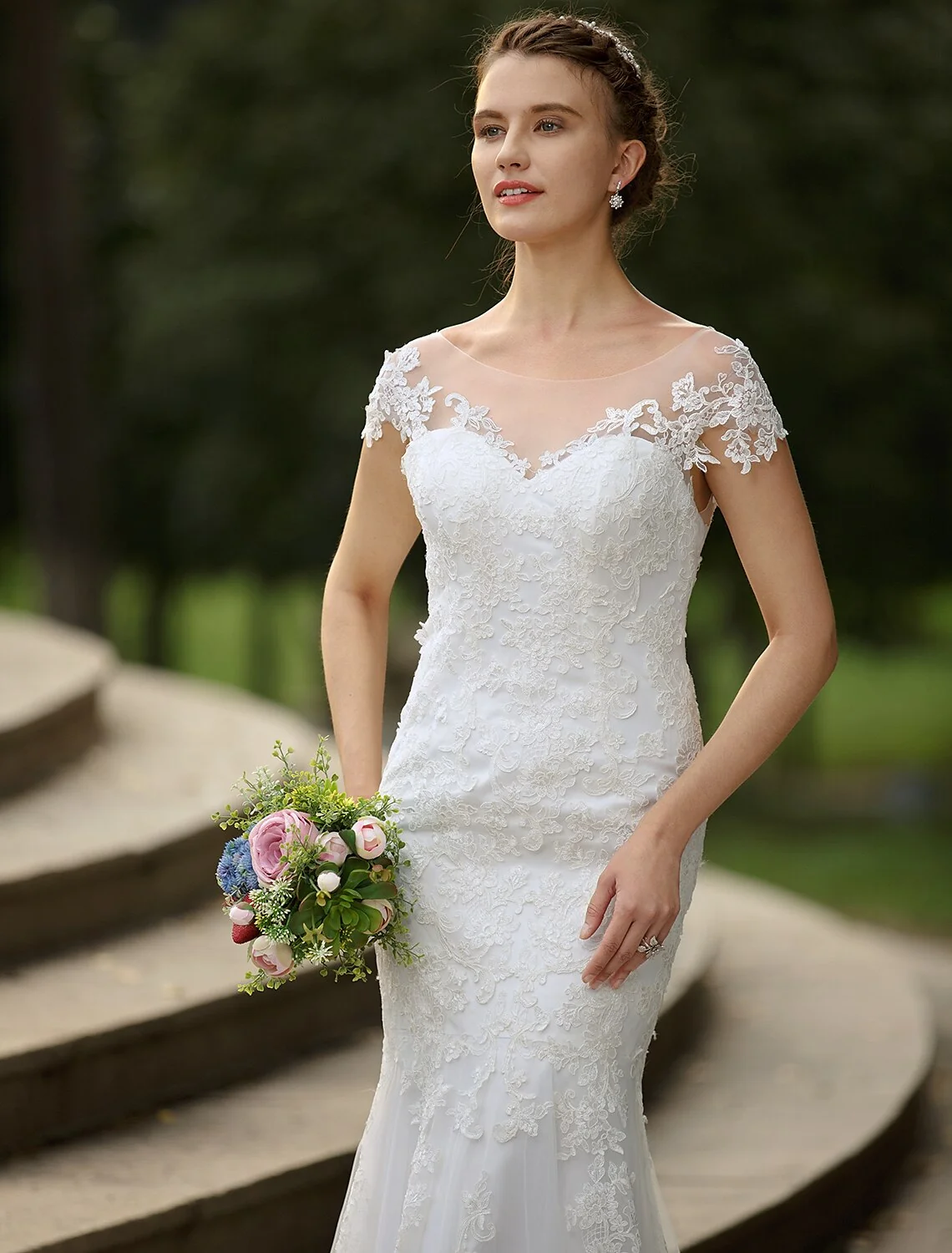 Mermaid Trumpet Beach Wedding Dress with Illusion Neck Short Sleeves - Image 3