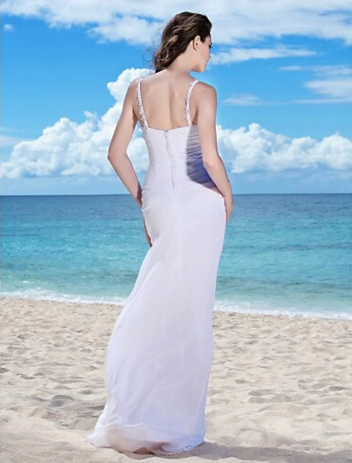 Sheath Spaghetti Strap Ruched Beaded Chiffon Floor Length Beach Wedding Dress - Image 5