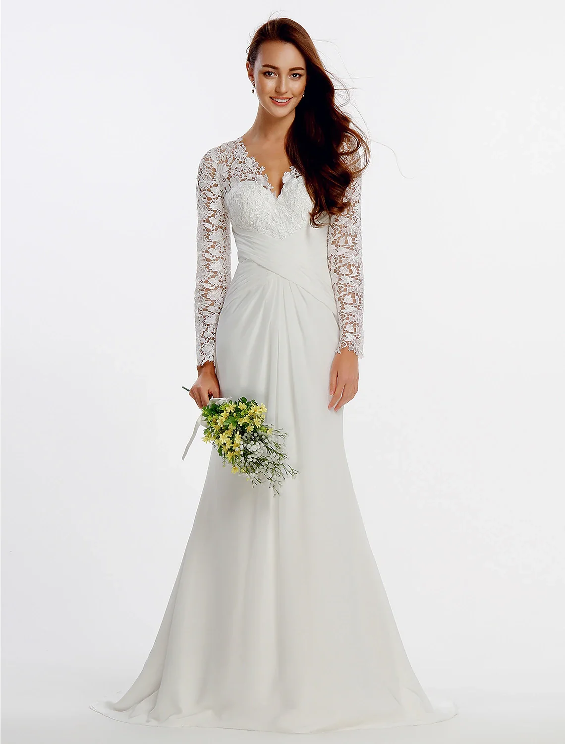 V-Neck Long Sleeve Chiffon Beach Wedding Dress with Lace Buttons