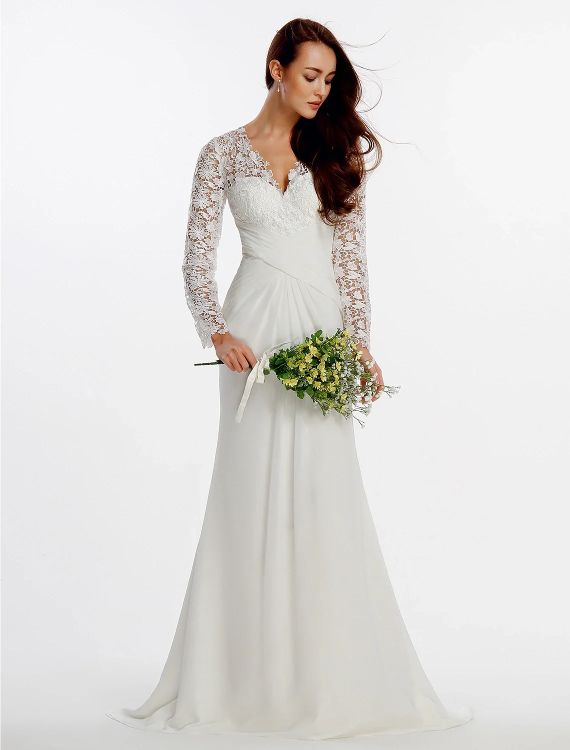 V-Neck Long Sleeve Chiffon Beach Wedding Dress with Lace Buttons - Image 6