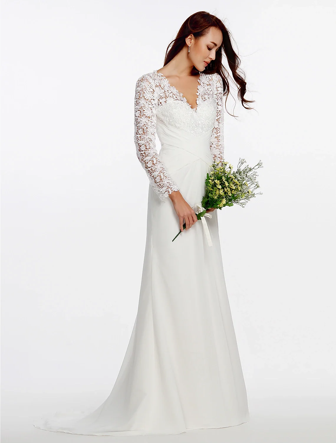V-Neck Long Sleeve Chiffon Beach Wedding Dress with Lace Buttons - Image 5