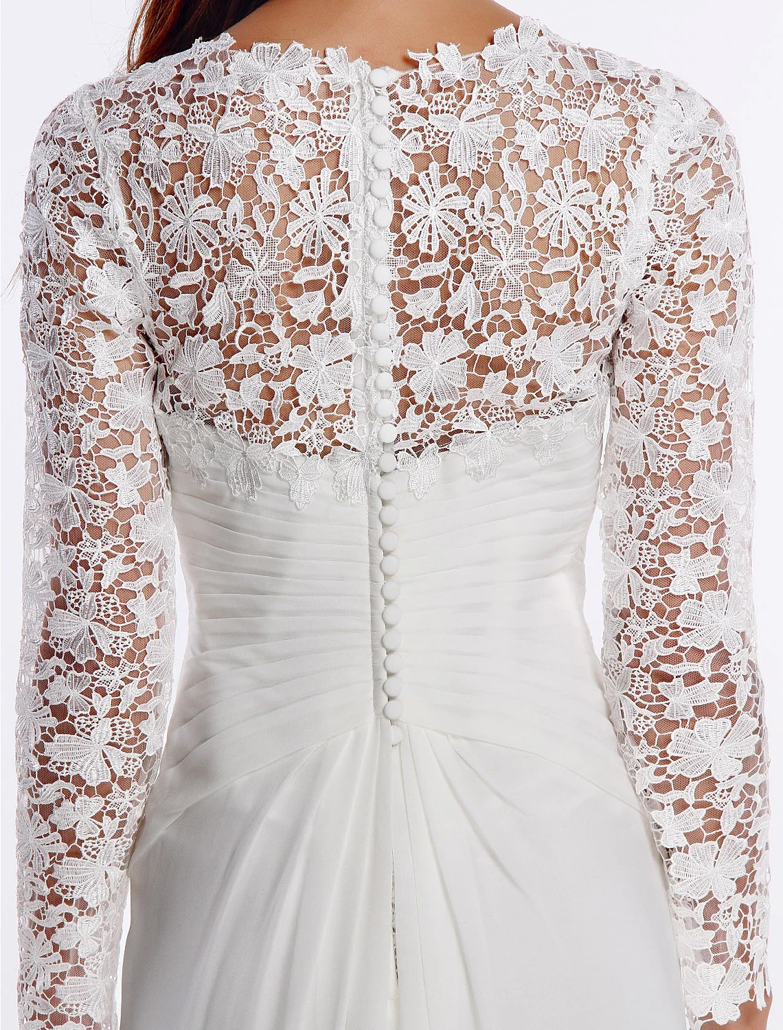 V-Neck Long Sleeve Chiffon Beach Wedding Dress with Lace Buttons - Image 4