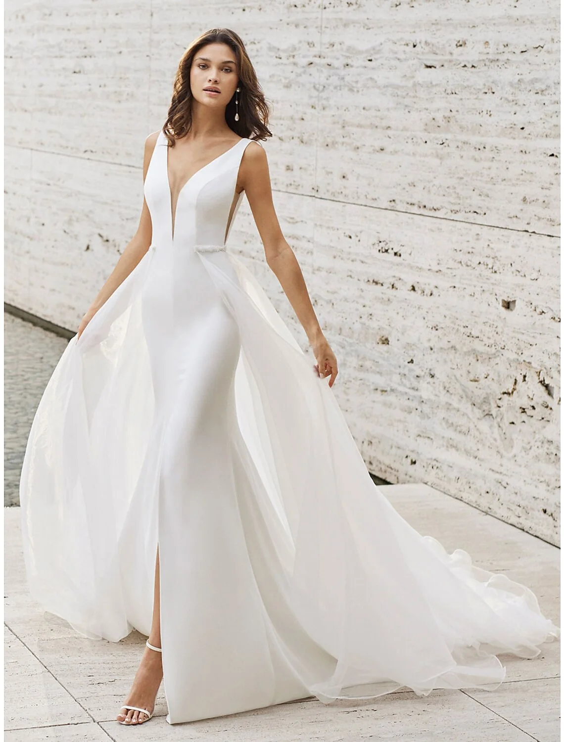 Elegant Two-Piece V-Neck Sleeveless Satin A-Line Beach Wedding Dress