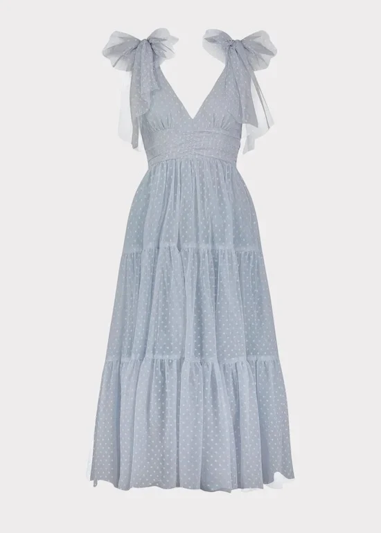Elegant Deep V Neck Tie Shoulder Detail Open Back Tiered Ruffle Hem Polka Dot Print Midi Evening Dress For Formal Evening Prom Wedding Guest Bridesmaid Beach Wedding Cocktail Party Gala - Image 6