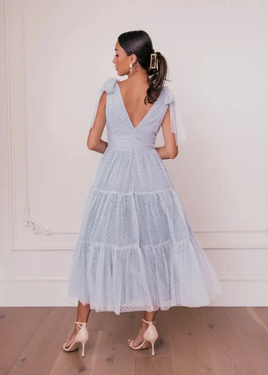 Elegant Deep V Neck Tie Shoulder Detail Open Back Tiered Ruffle Hem Polka Dot Print Midi Evening Dress For Formal Evening Prom Wedding Guest Bridesmaid Beach Wedding Cocktail Party Gala - Image 3
